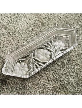 Vintage MCM glass celery relish cracker serving tray floral & leaf etching
